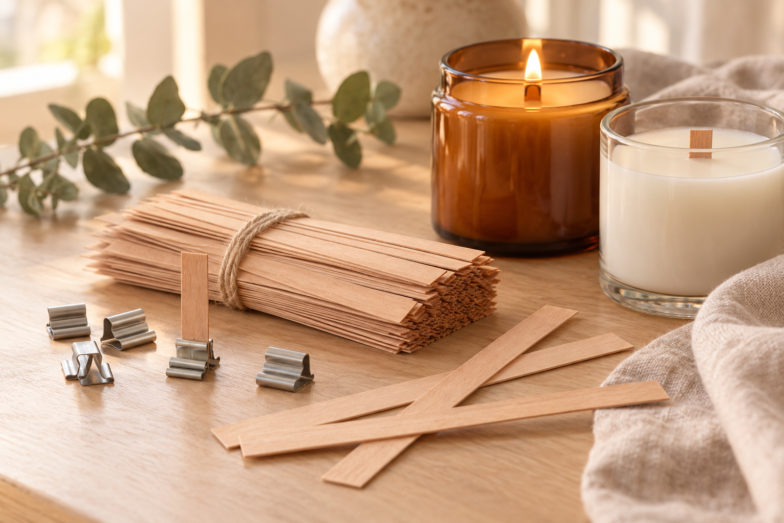 Bấc gỗ làm nến cùng nến thơm đựng trong cốc