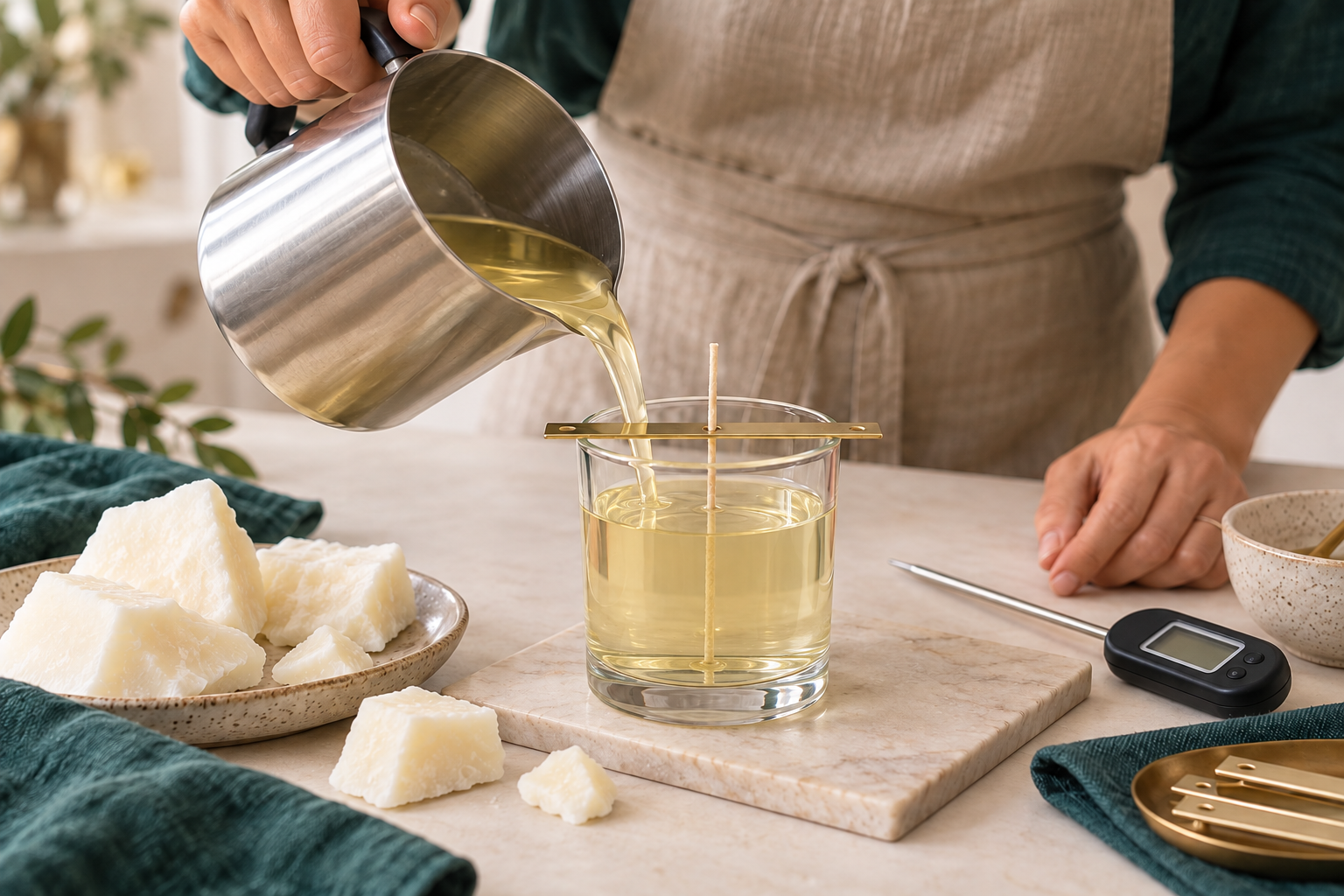 Rót sáp cọ mềm nóng chảy trong suốt màu vàng nhạt vào cốc có bấc đặt giữa