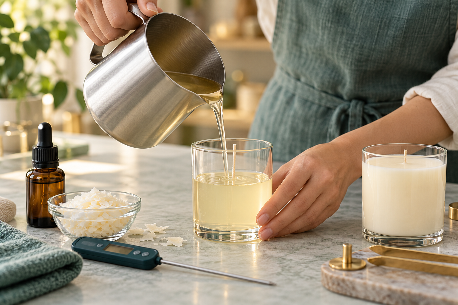 Rót sáp đậu nành nóng chảy vào cốc thủy tinh để làm nến thơm
